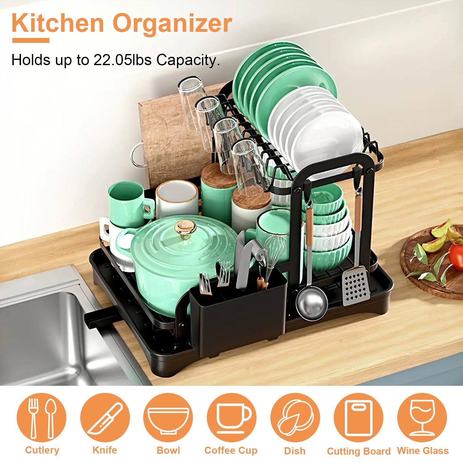 2-Tier Dish Drying Rack with Drainboard & Utensil Holder