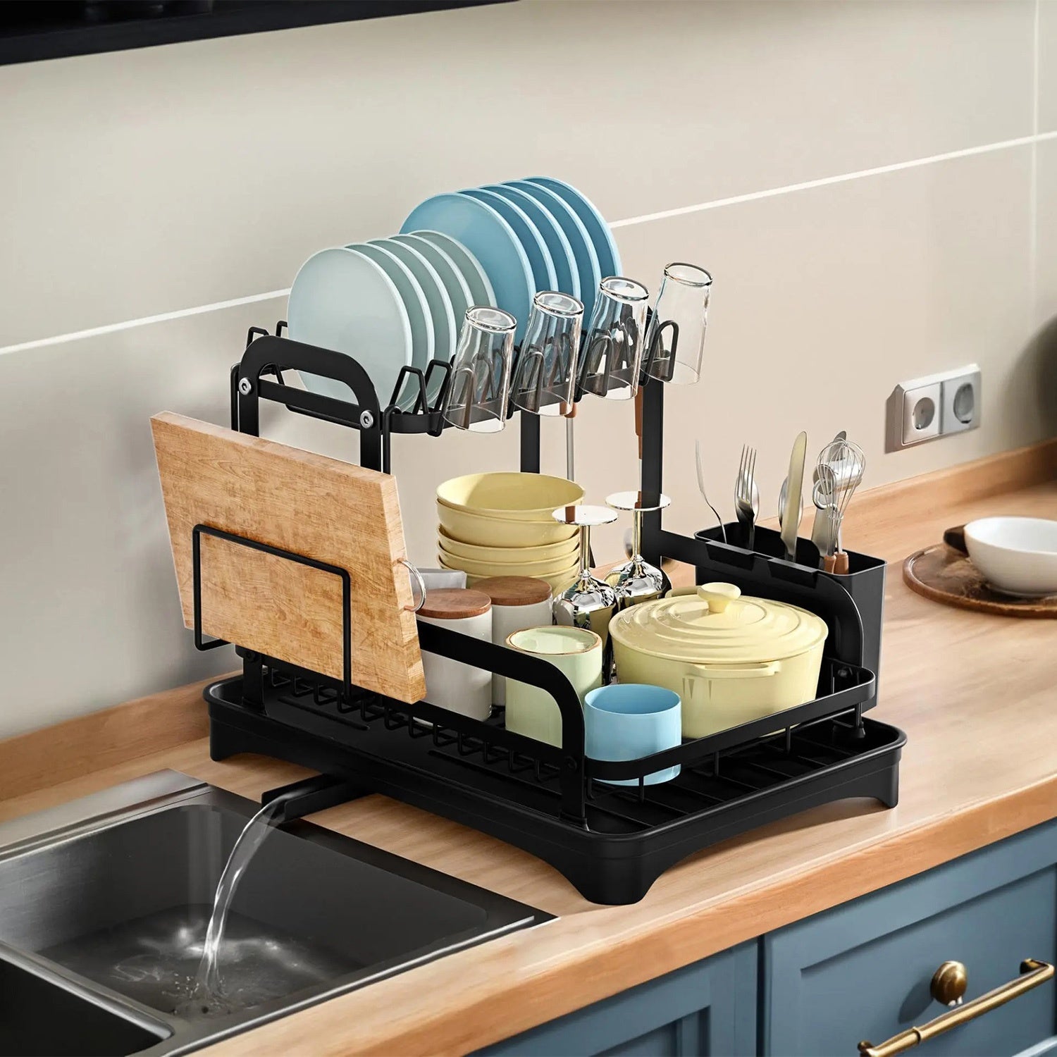 2-Tier Dish Drying Rack with Drainboard & Utensil Holder